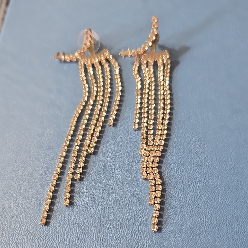 Fancy Silver Tone & Rhinestone Dangle Waterfall  Earrings
